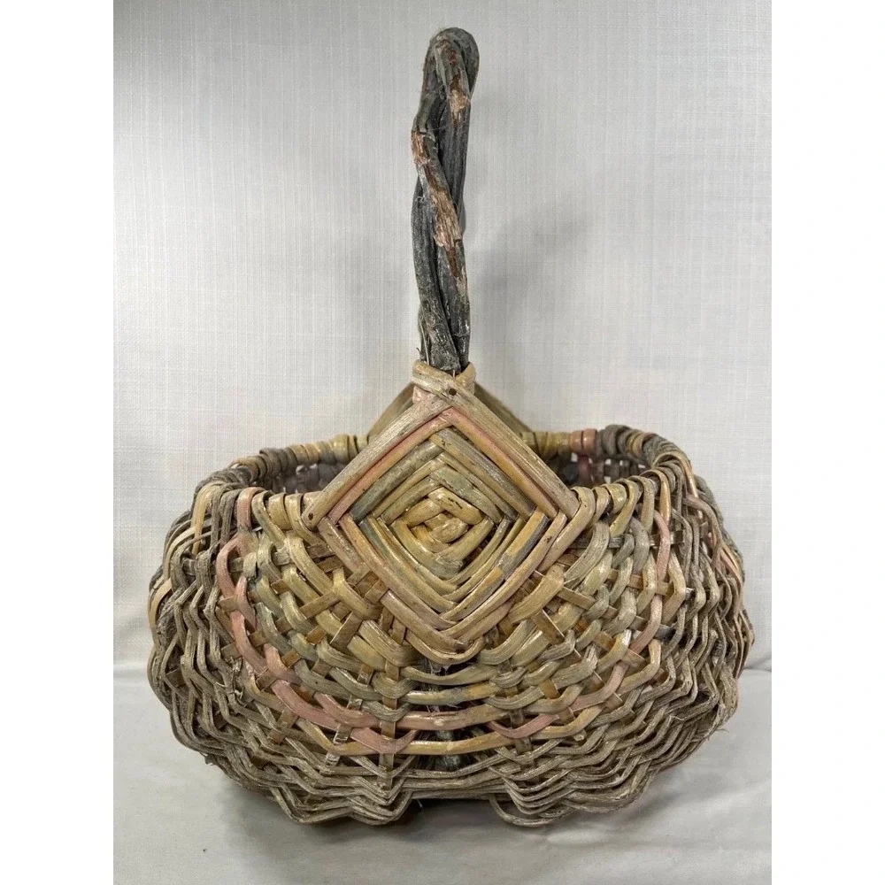 Vintage Hand Woven Rustic Egg Basket God's Eye Primitive Wicker Bentwood Handle